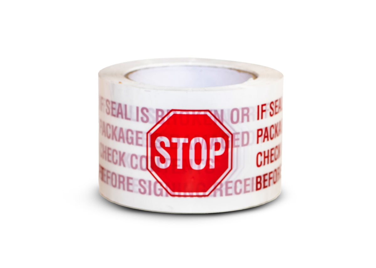 Roll of warning tape with a red stop sign on a white background