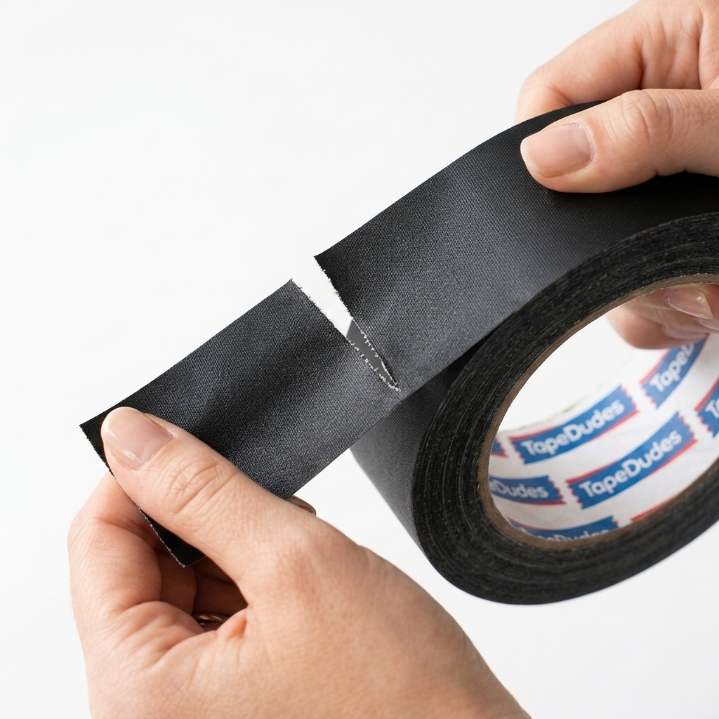 Person easily tearing a strip of black matte gaffer tape by tapedudes
