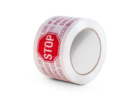 Roll of warning tape with red 'STOP' sign on a white background