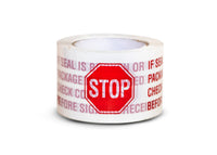 Roll of warning tape with a red stop sign on a white background