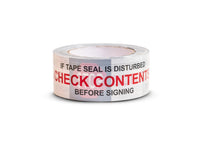 Roll of warning tape with text 'If tape seal is disturbed, check contents before signing' on a white background