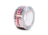 Roll of security tape with "STOP CHECK CONTENTS" text on a white background