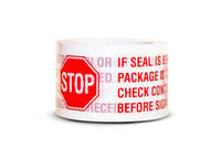 Roll of packaging tape with a STOP warning label on a white background