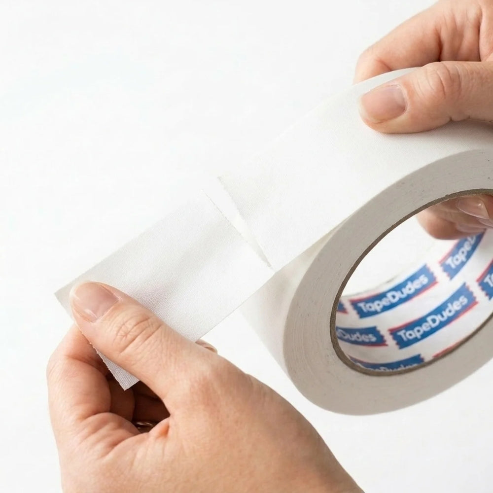 Person easily tearing a strip of white matte gaffer tape by tapedudes