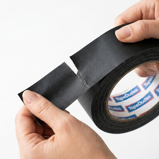 Person easily tearing a strip of black matte gaffer tape by tapedudes