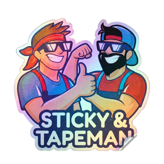 A custom holographic sticker featuring Sticky & Tapeman from the TapeDudes.